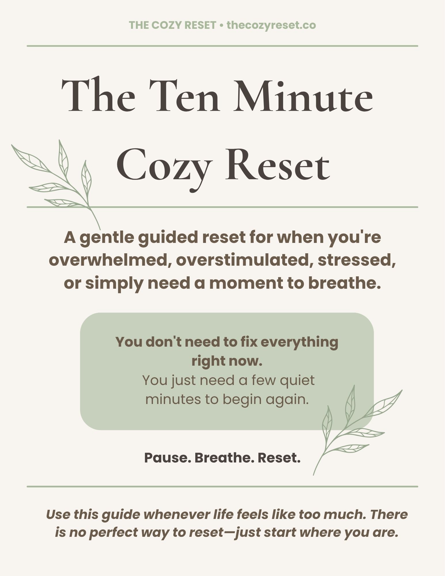 Free Ten minute anxiety and stress relief workbook from The Cozy Reset